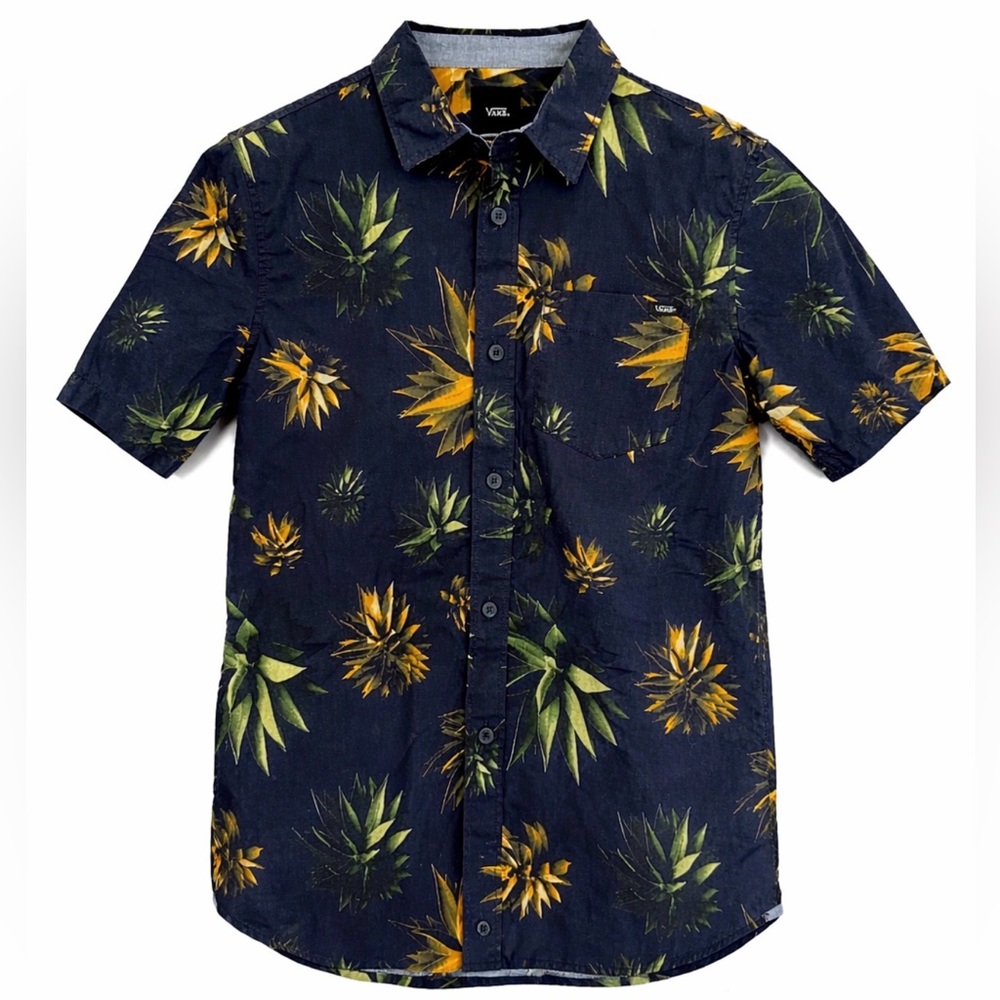 NWT Vans Kids Blue and Yellow Floral Button Up Shirt Size Medium